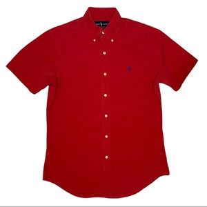 Polo Ralph Lauren red short sleeve button down shirt blue pony U shape bottom
